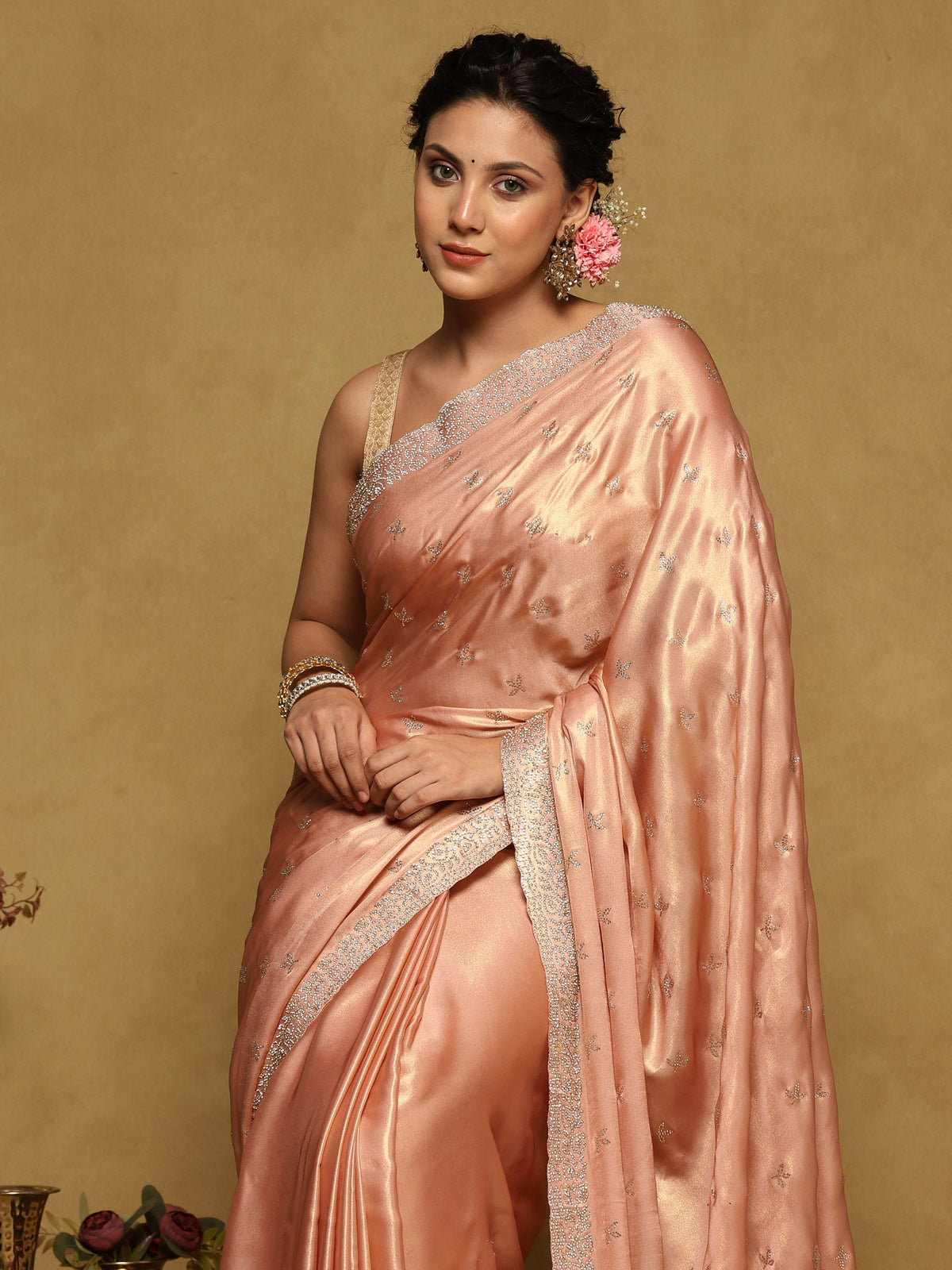 Peach Embroidered Tissue Saree