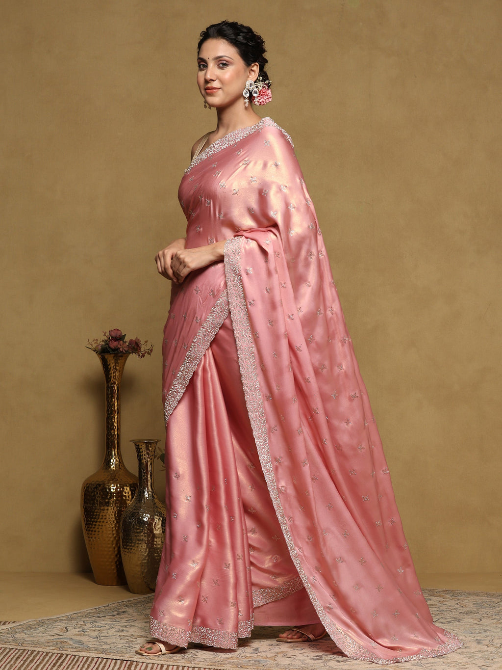Pink Embroidered Tissue Saree