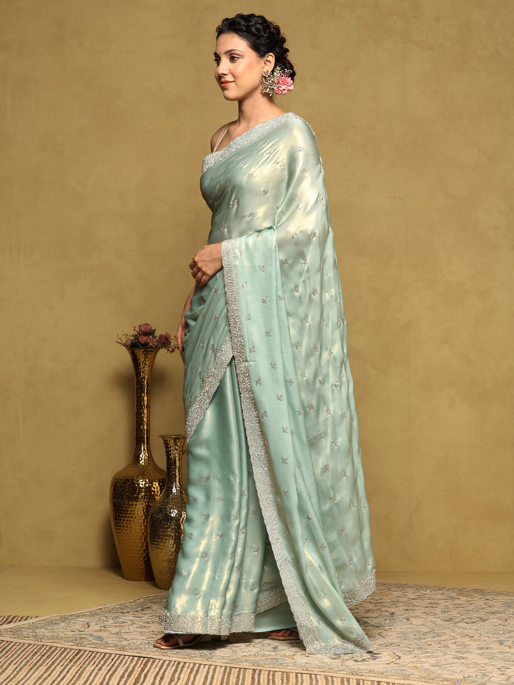 Sea Green Embroidered Tissue Saree