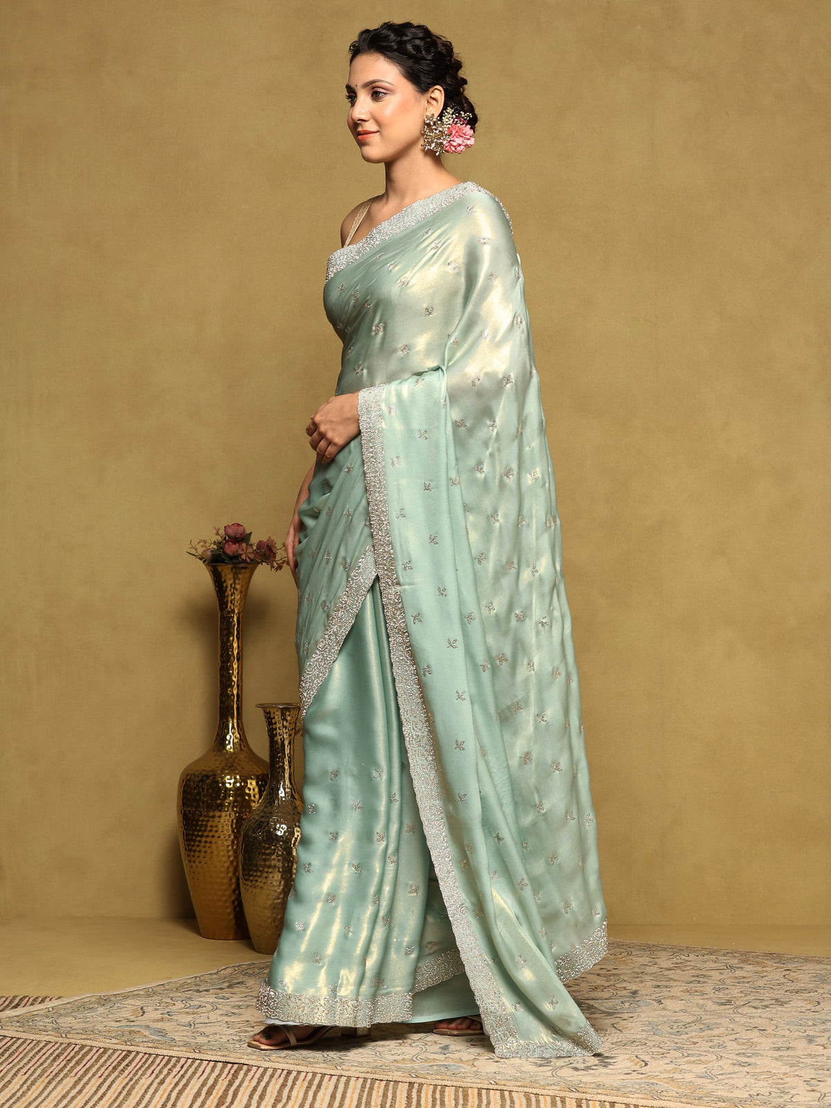 Sea Green Embroidered Tissue Saree