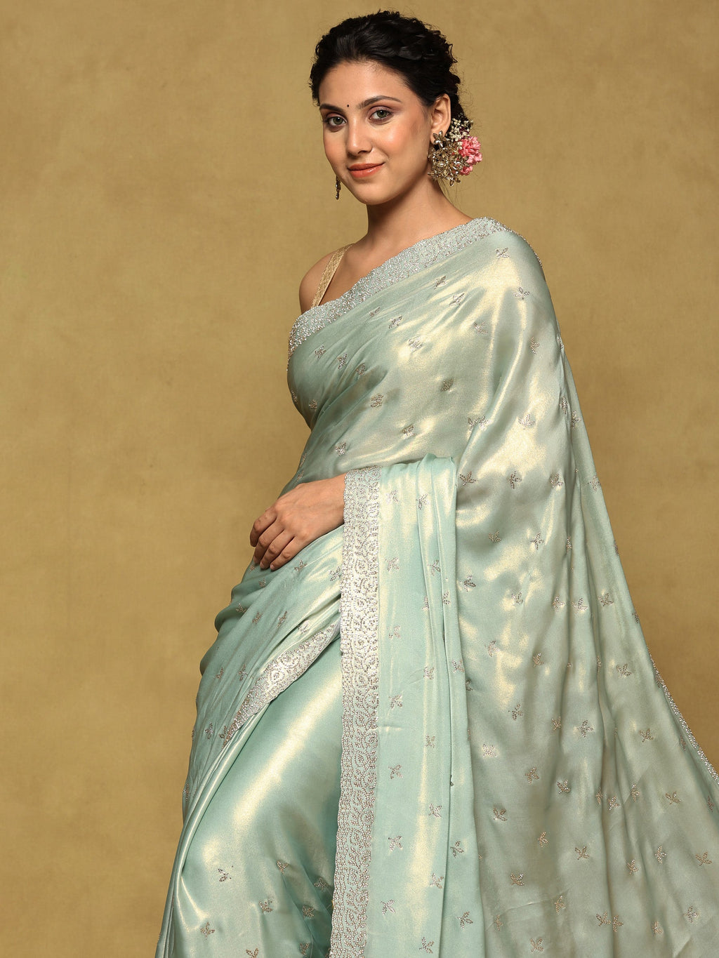 Sea Green Embroidered Tissue Saree