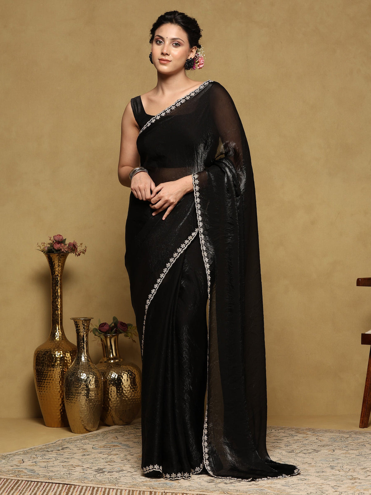 Black Embroidered Tissue Saree