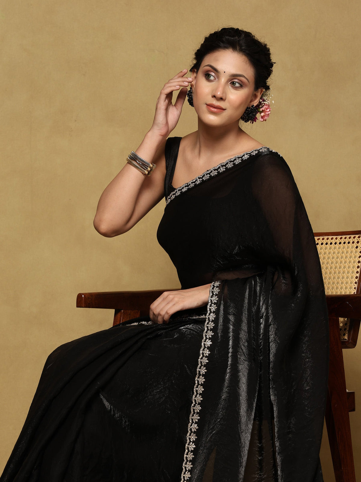 Black Embroidered Tissue Saree