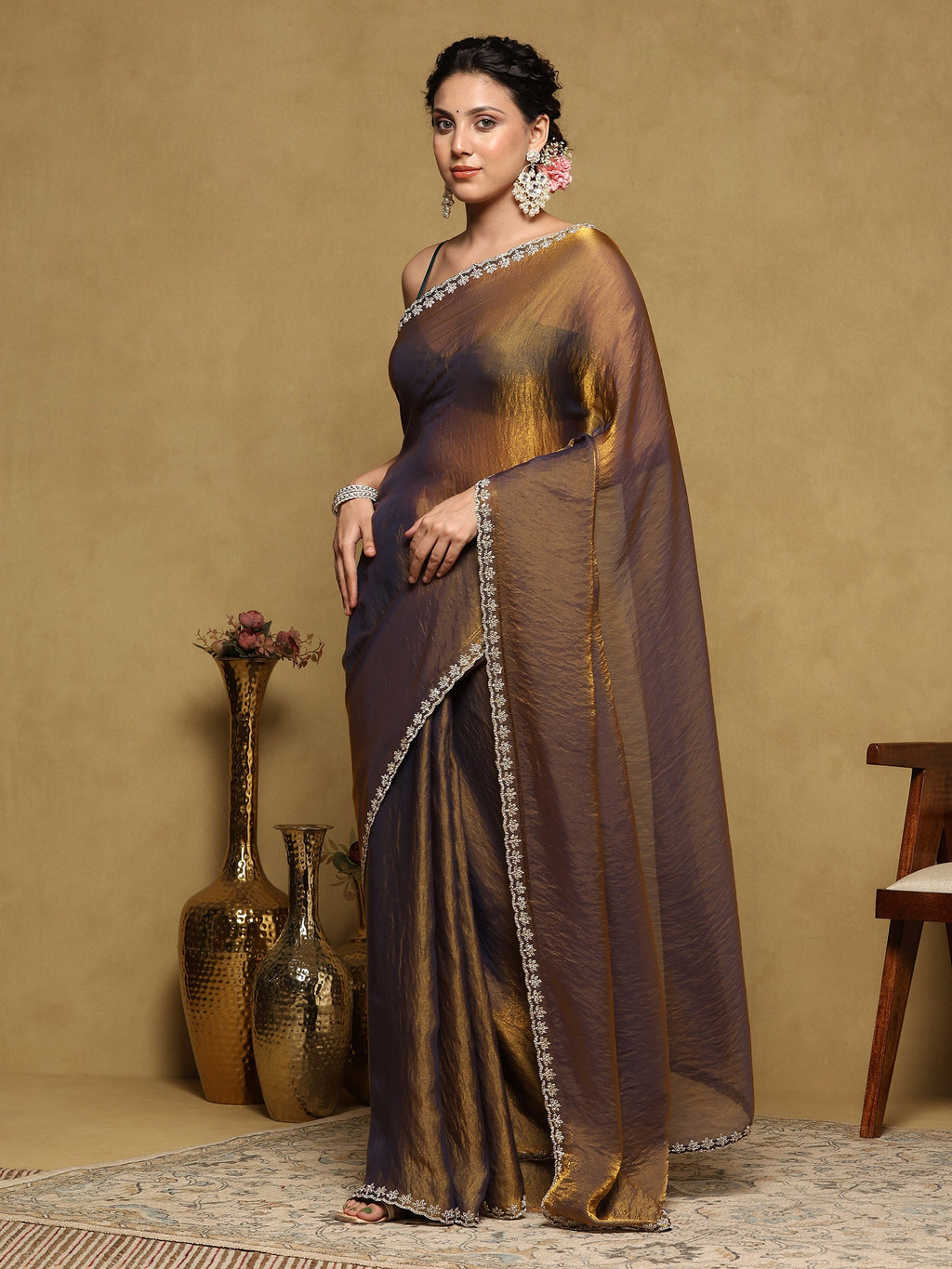 Blue Embroidered Tissue Saree