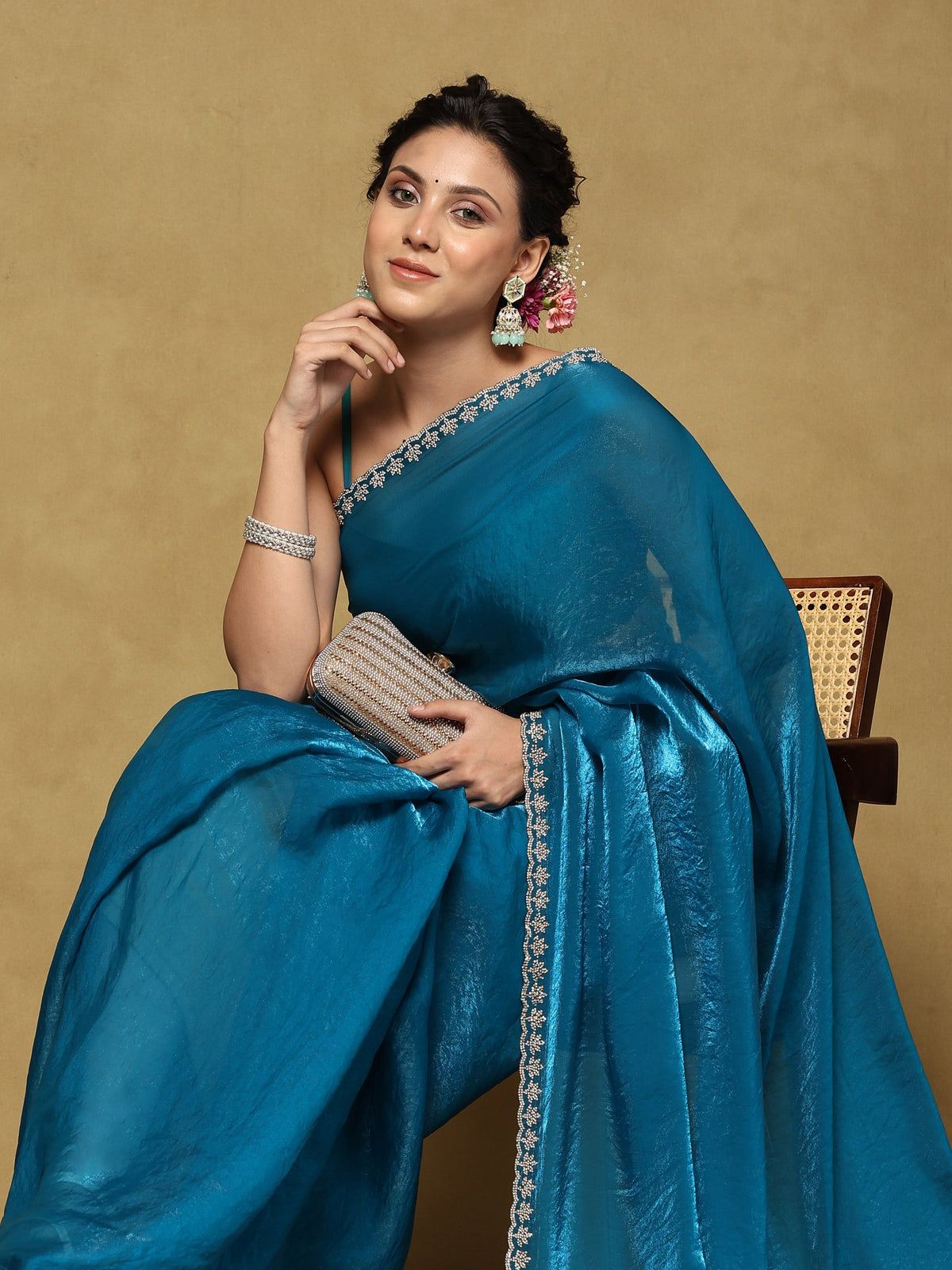 Firozee Embroidered Tissue Saree