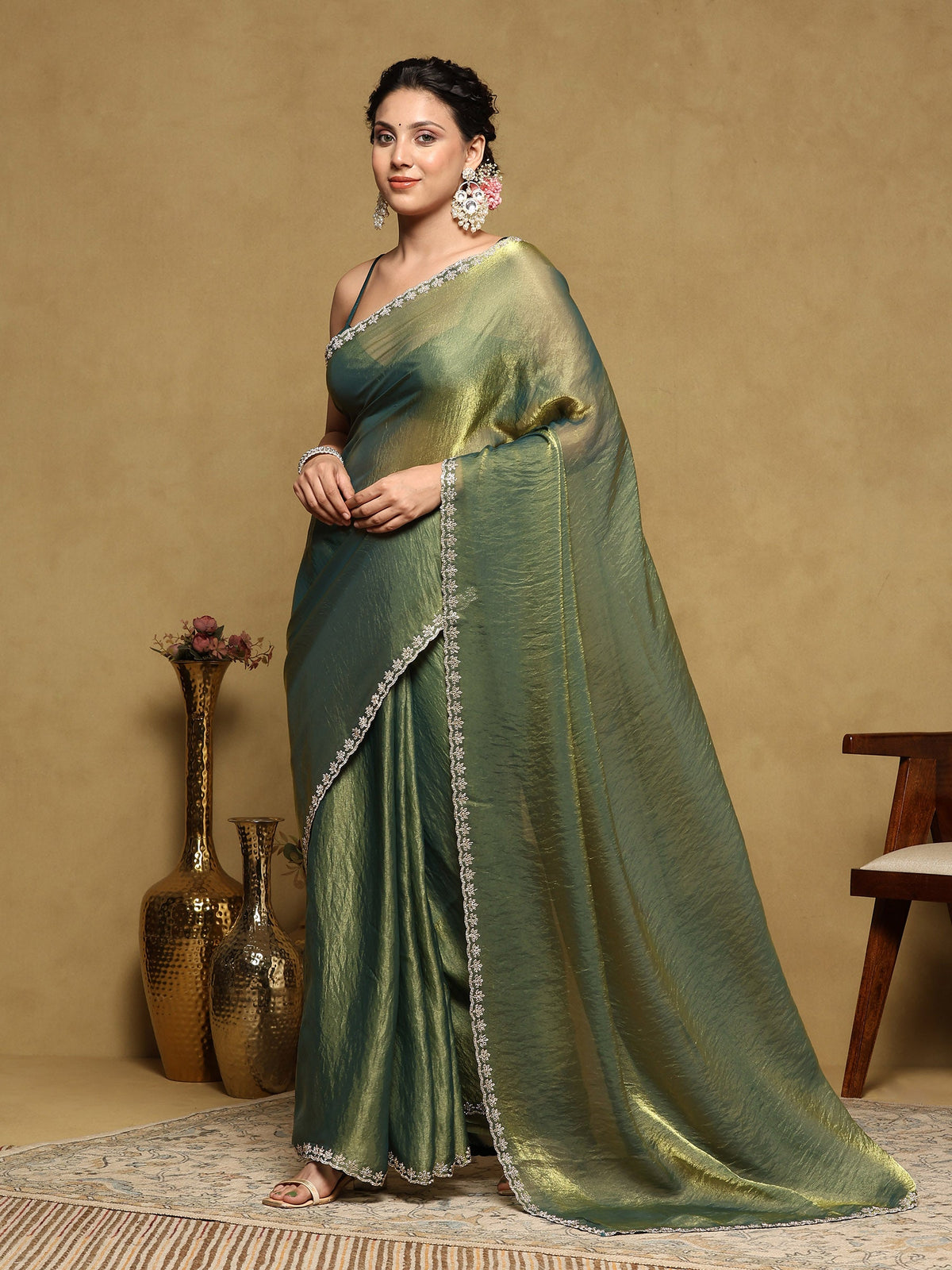 Green Embroidered Tissue Saree