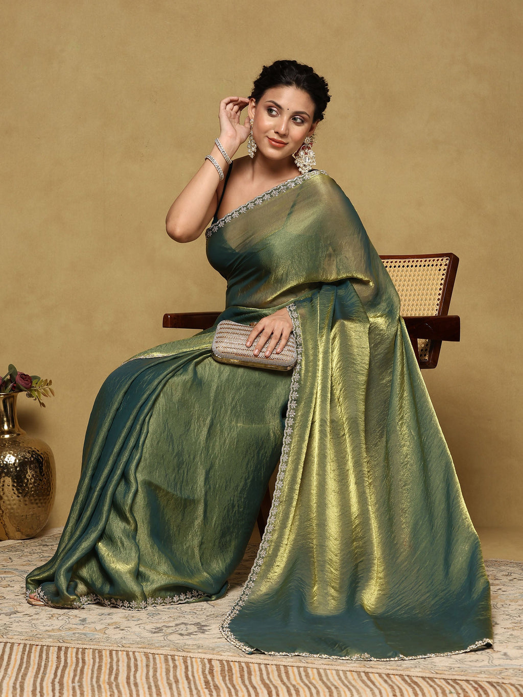 Green Embroidered Tissue Saree