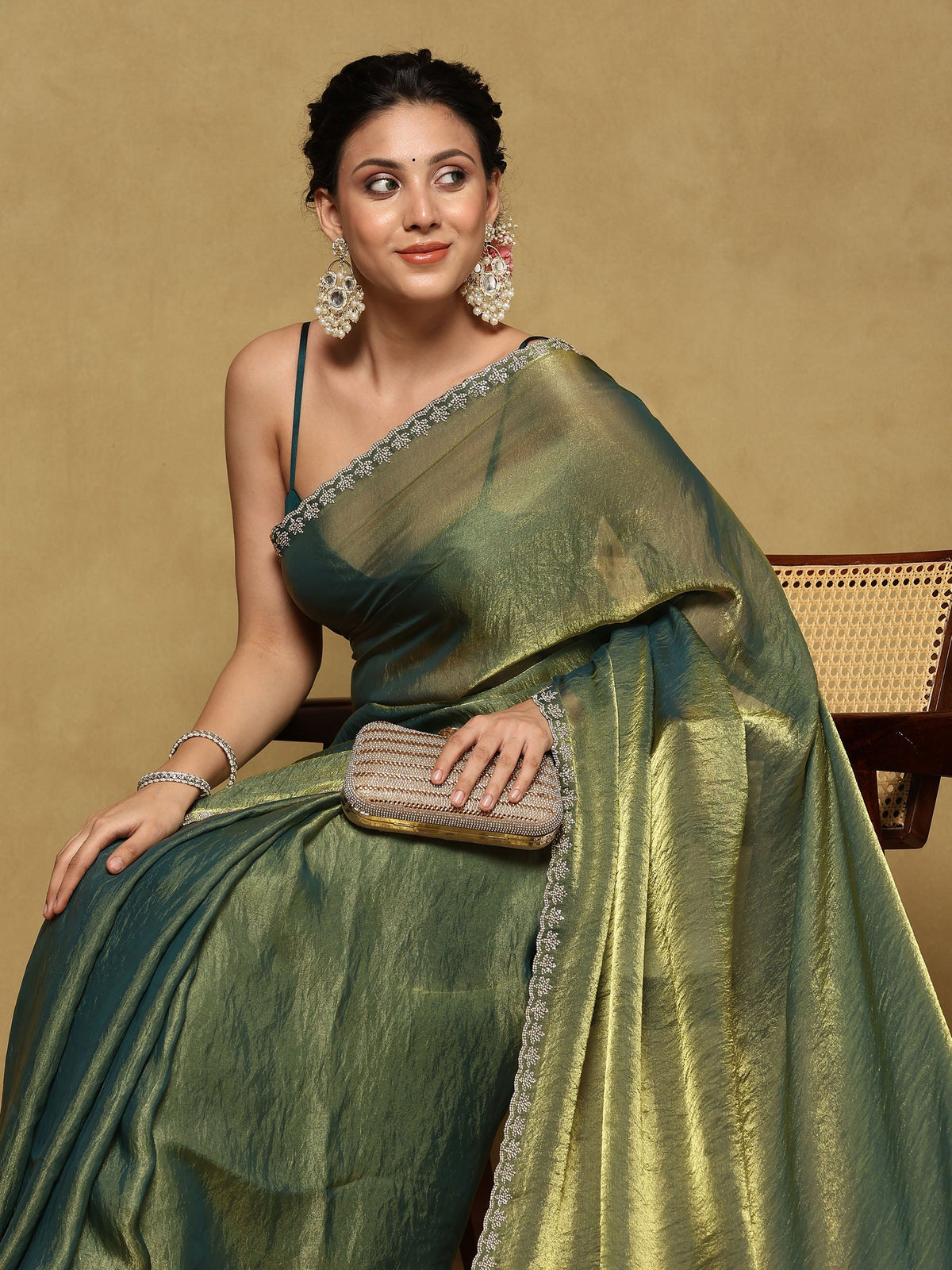Green Embroidered Tissue Saree