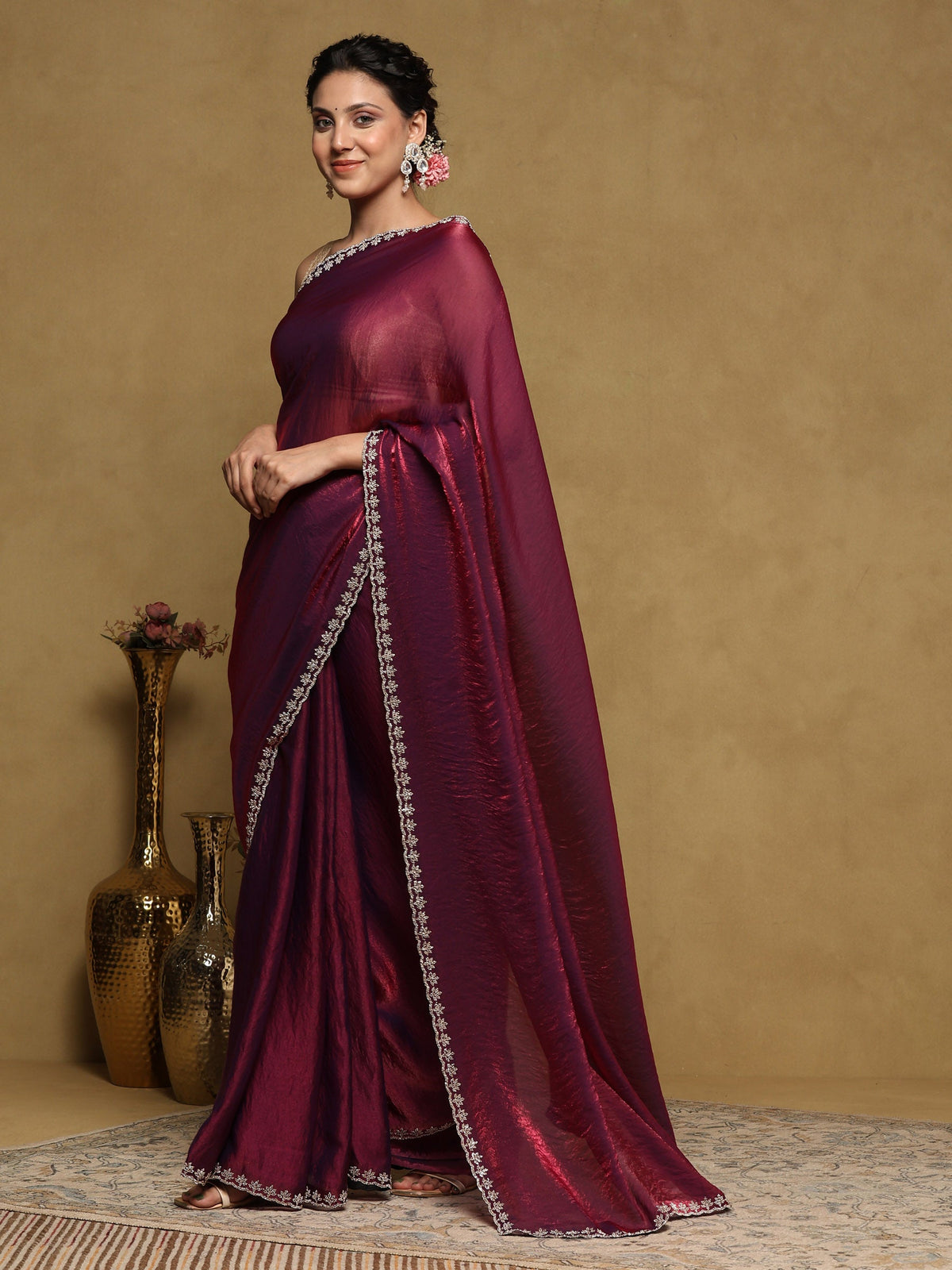 Magenta Embroidered Tissue Saree