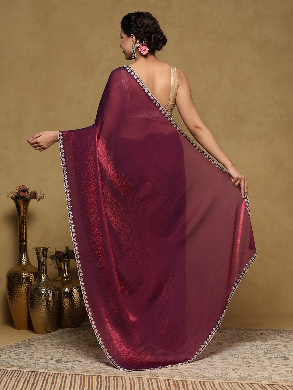 Magenta Embroidered Tissue Saree