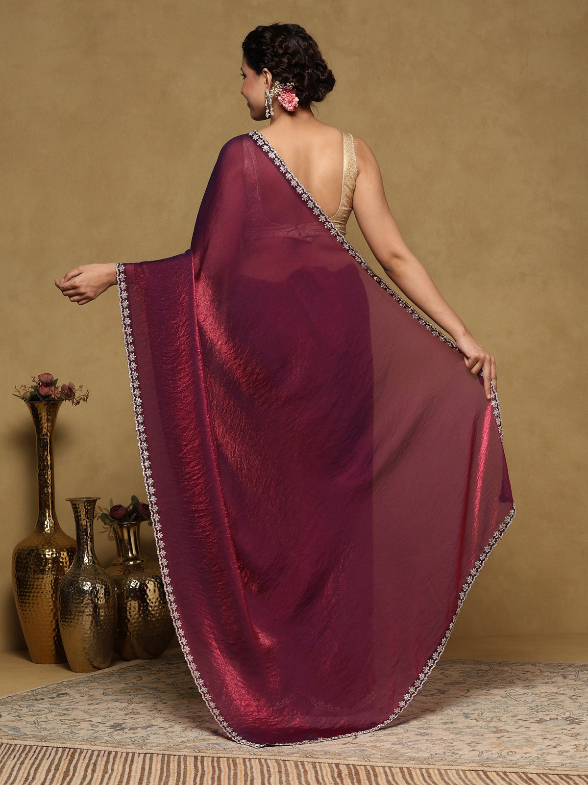 Magenta Embroidered Tissue Saree