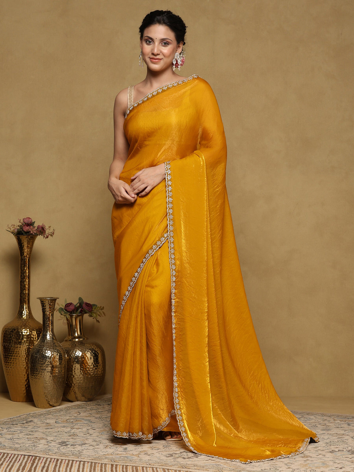 Mustard Embroidered Tissue Saree