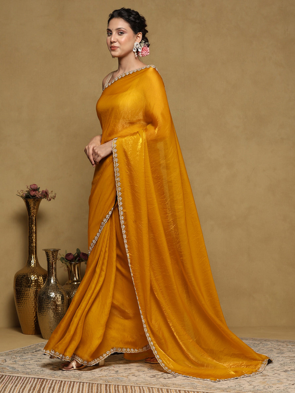 Mustard Embroidered Tissue Saree