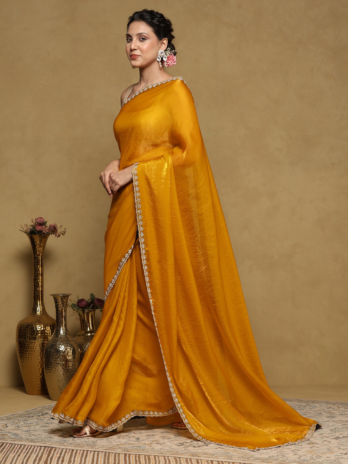 Mustard Embroidered Tissue Saree