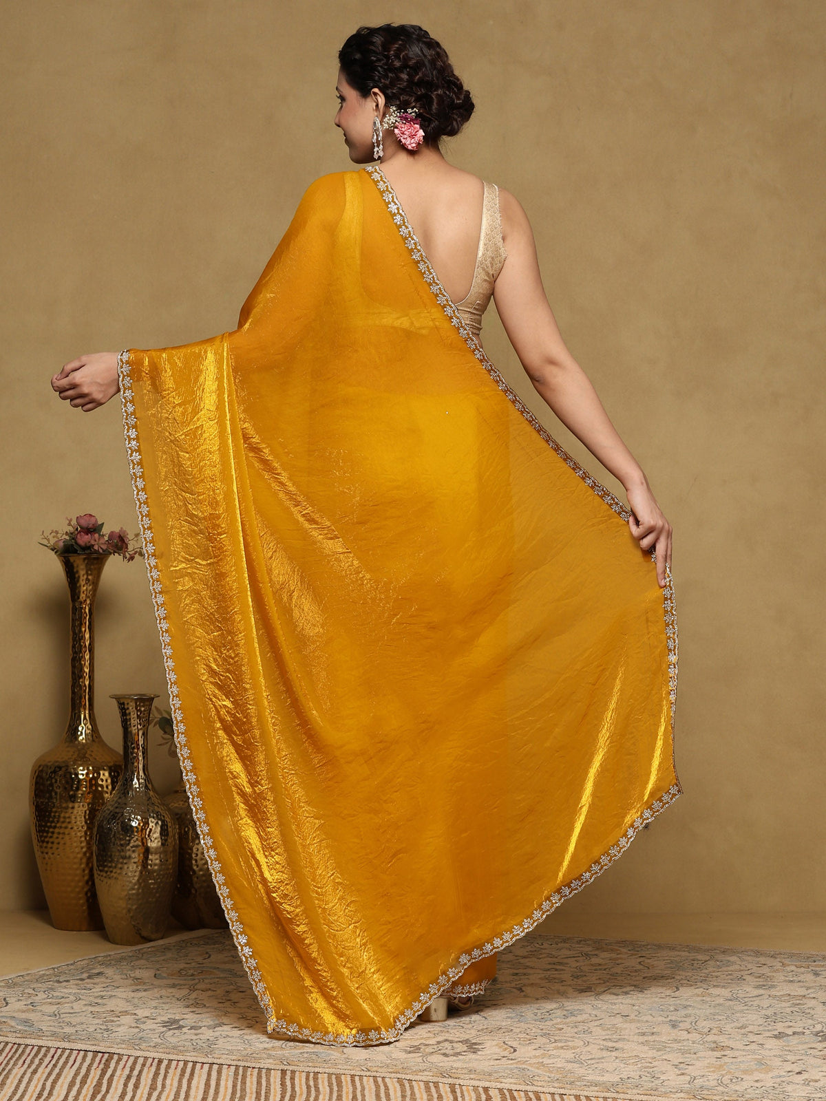 Mustard Embroidered Tissue Saree