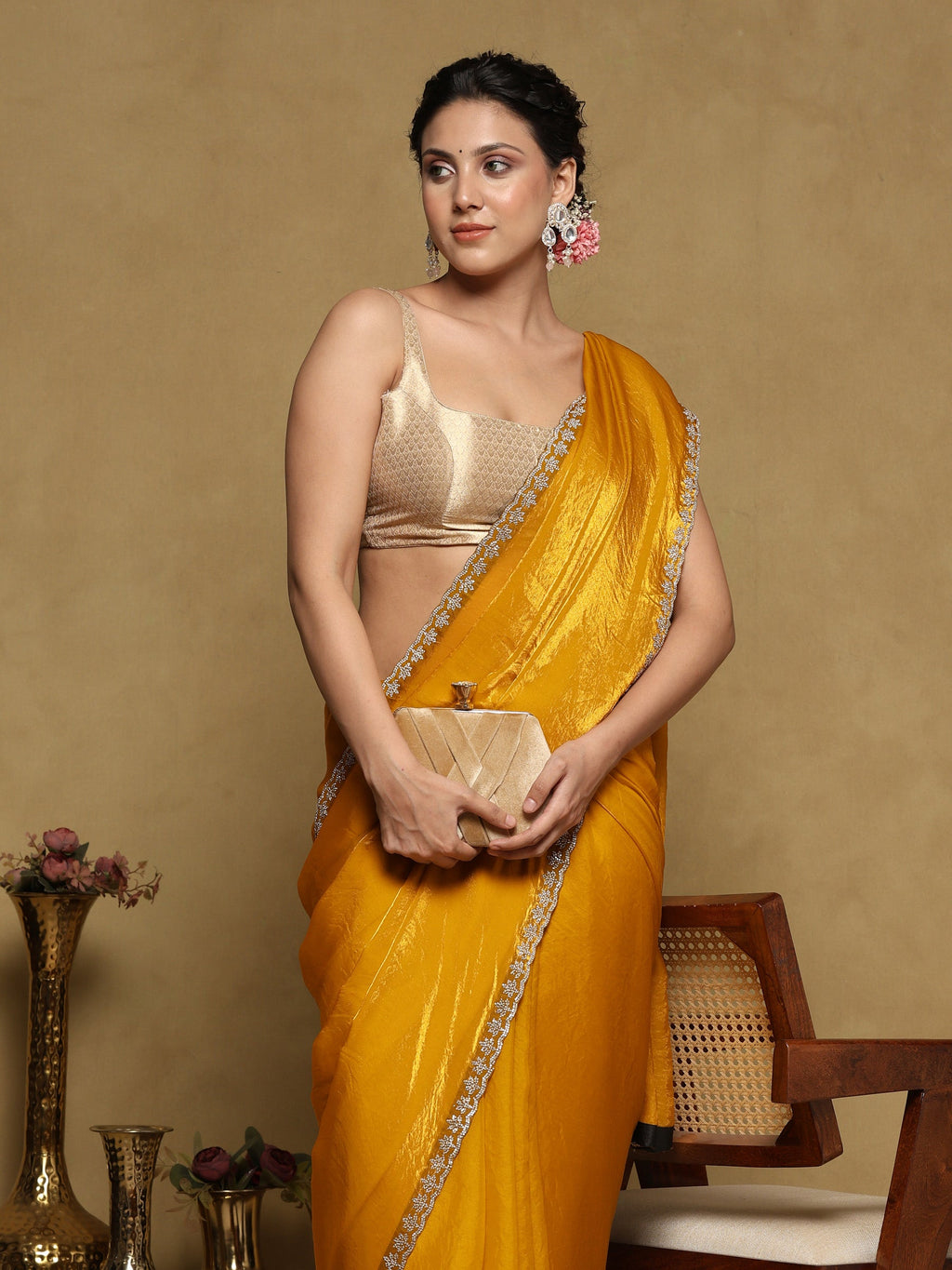 Mustard Embroidered Tissue Saree