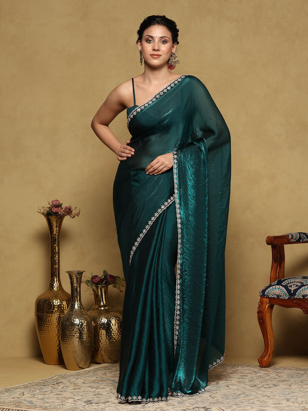 Rama Green Embroidered Tissue Saree