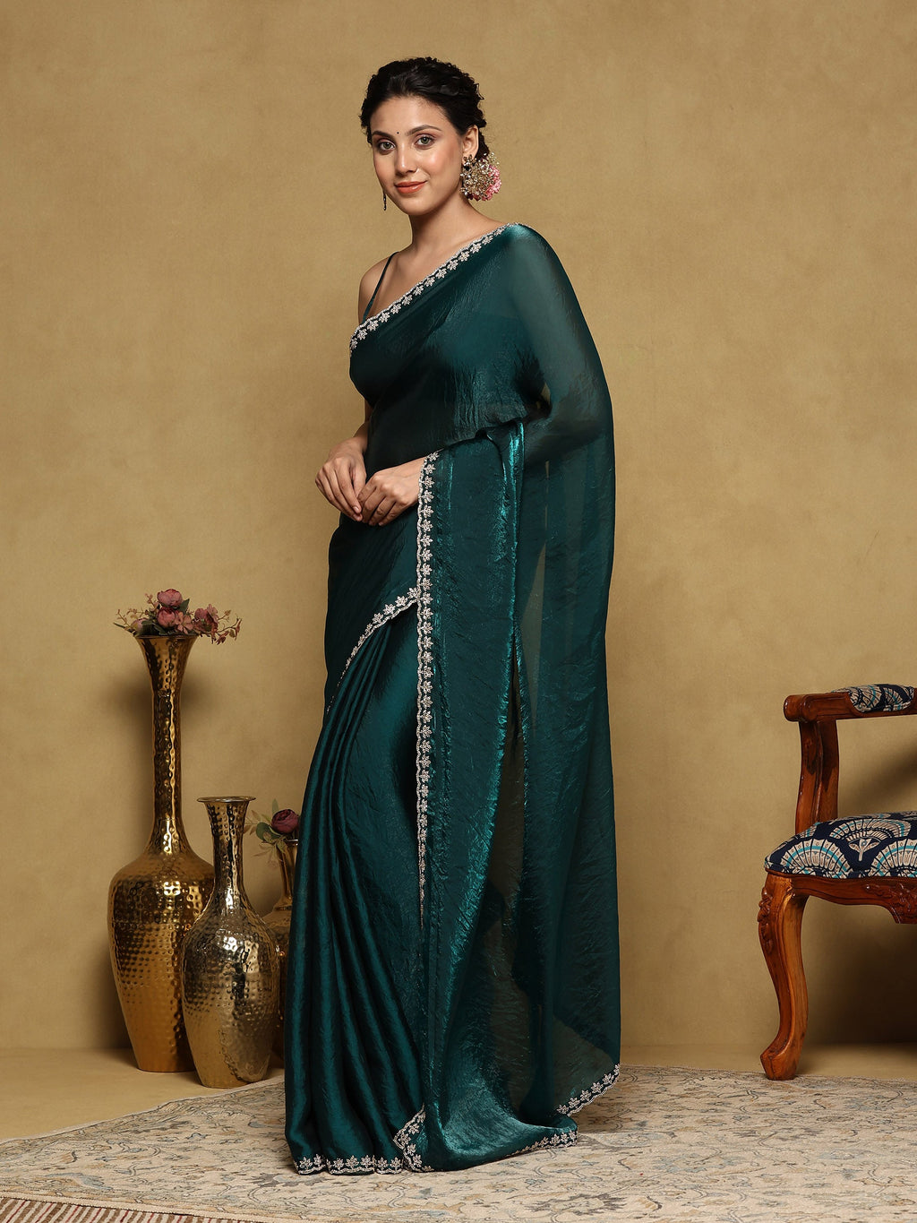Rama Green Embroidered Tissue Saree
