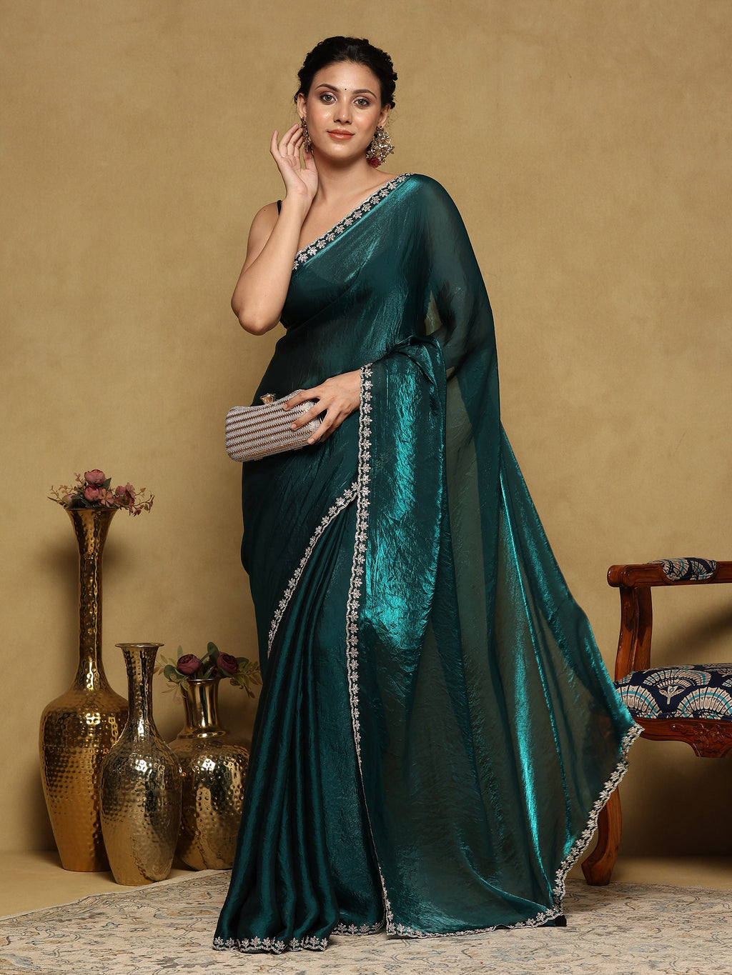 Rama Green Embroidered Tissue Saree