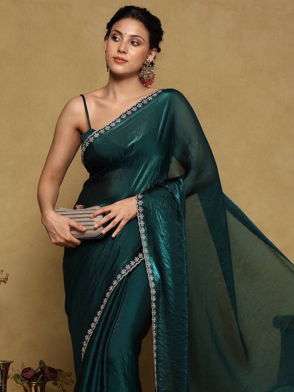 Rama Green Embroidered Tissue Saree