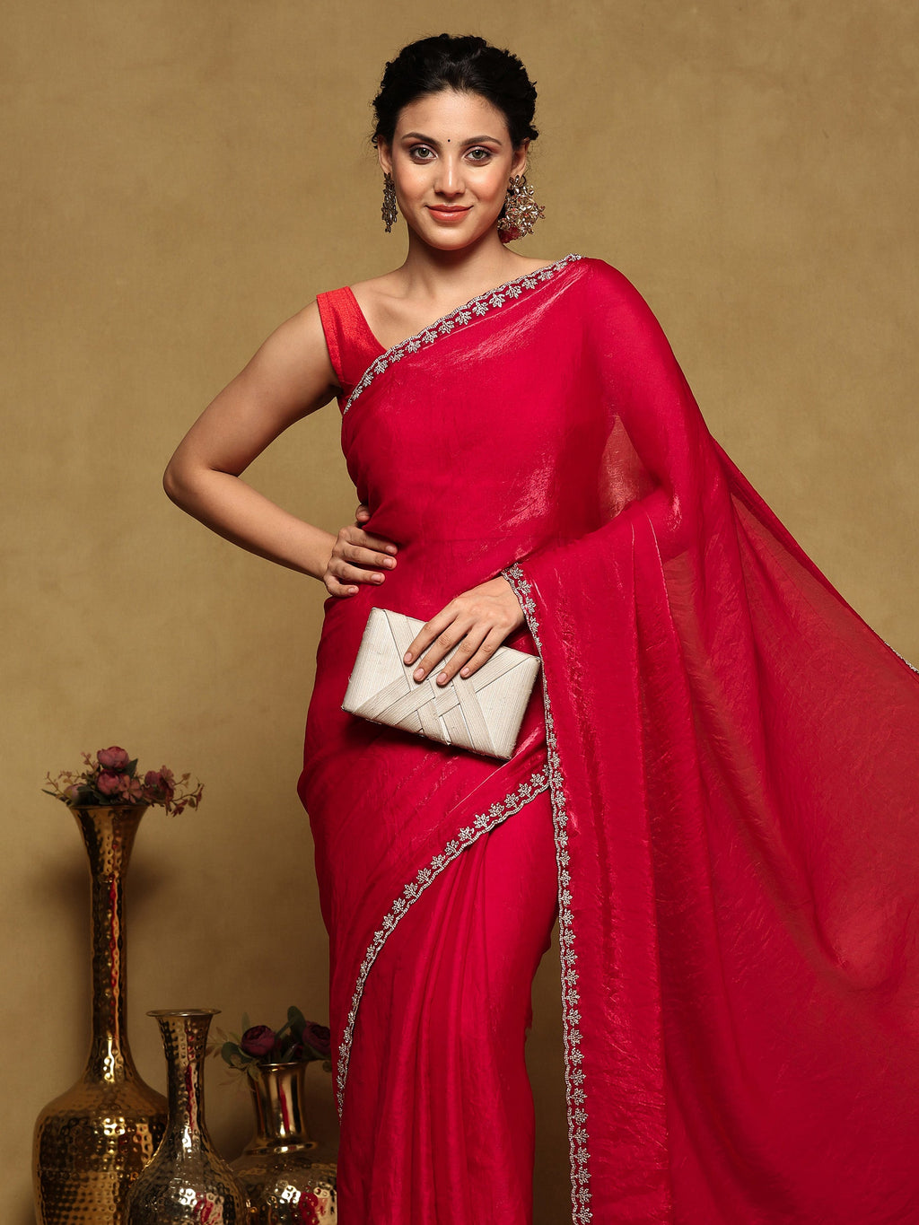 Rani Embroidered Tissue Saree