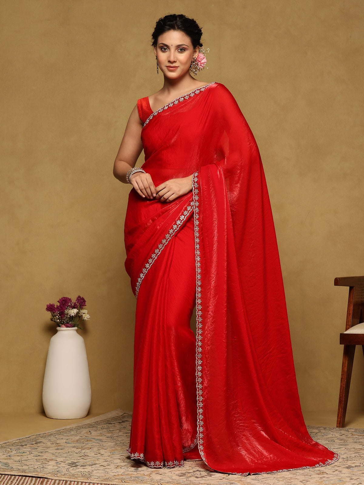Red Embroidered Tissue Saree