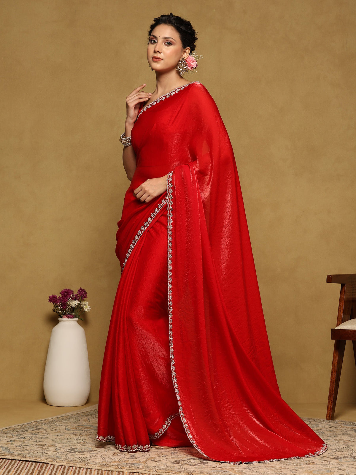 Red Embroidered Tissue Saree