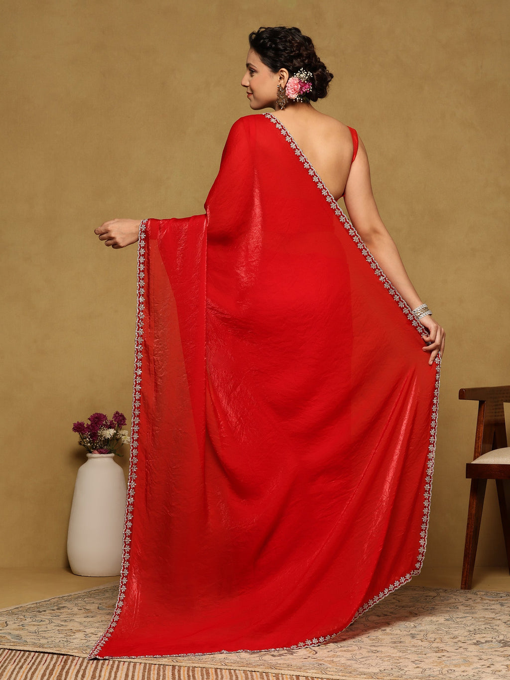 Red Embroidered Tissue Saree