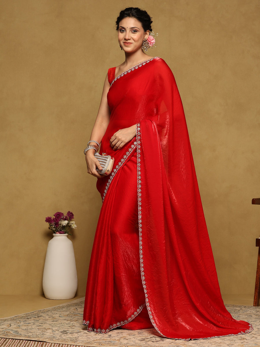 Red Embroidered Tissue Saree