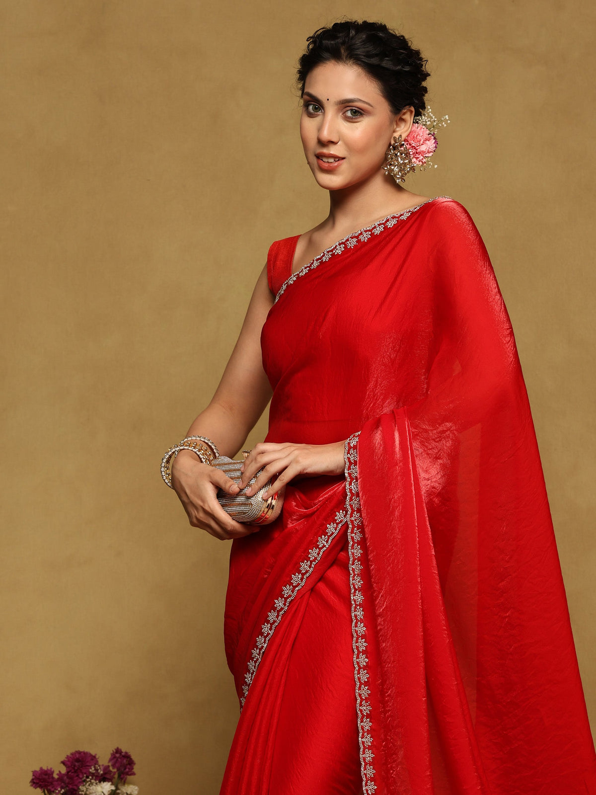Red Embroidered Tissue Saree