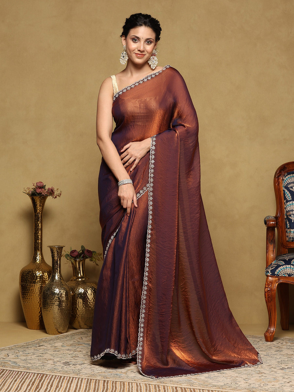 Rust Embroidered Tissue Saree