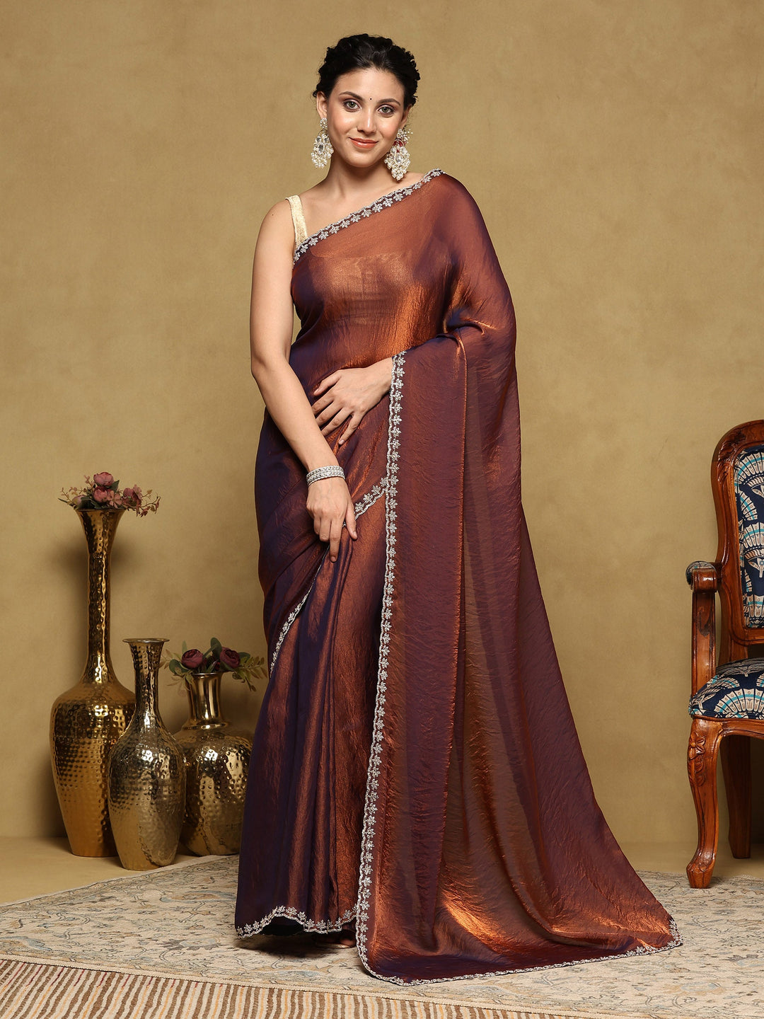 Rust Embroidered Tissue Saree