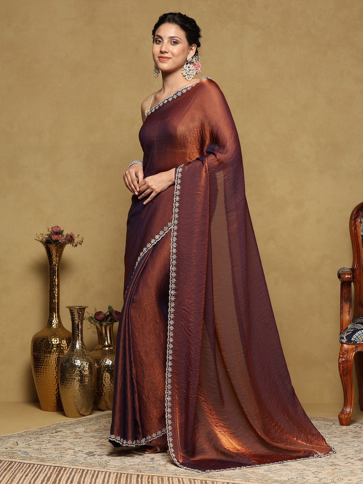 Rust Embroidered Tissue Saree