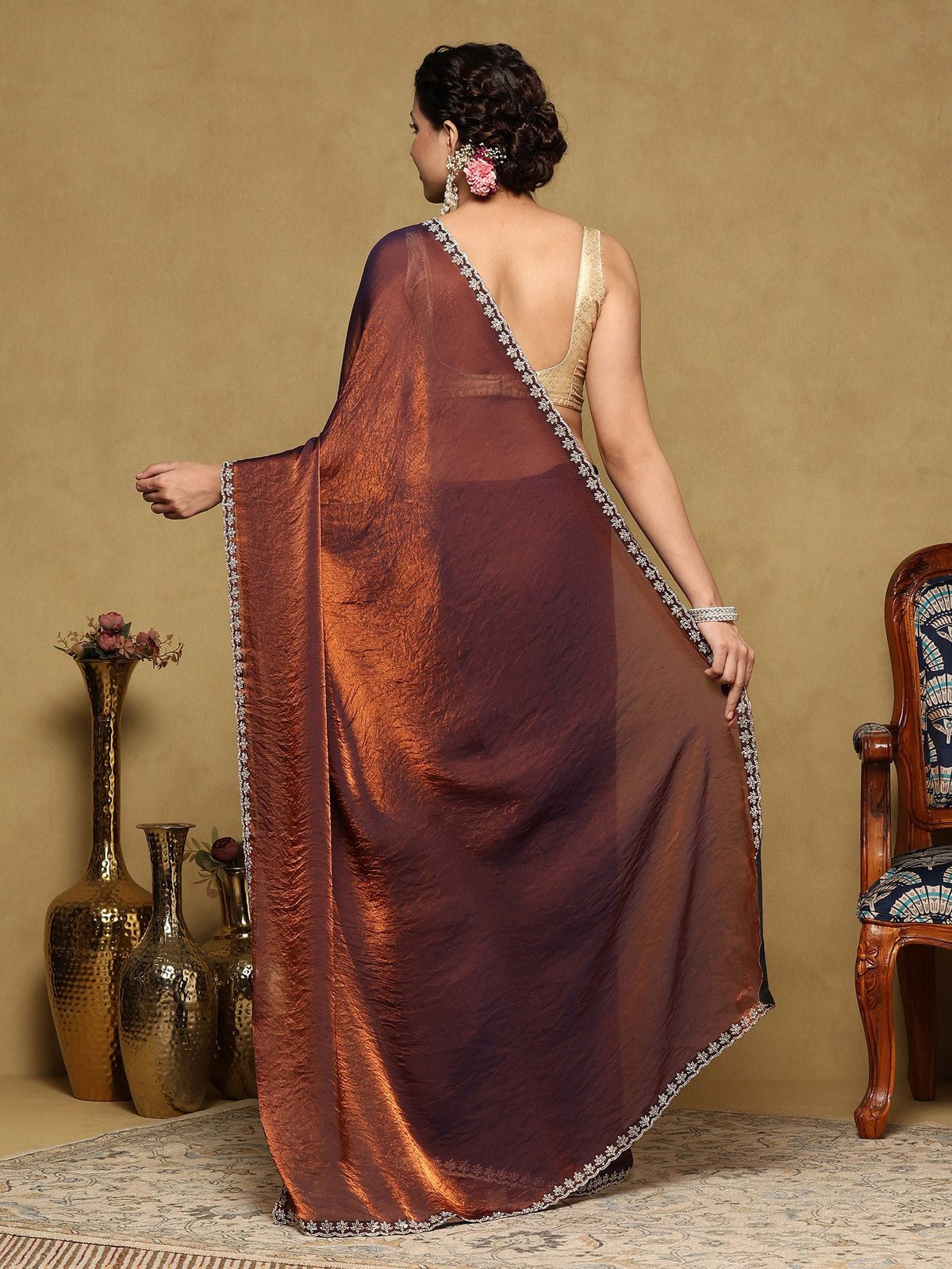 Rust Embroidered Tissue Saree