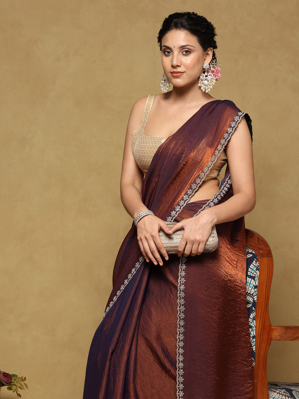 Rust Embroidered Tissue Saree