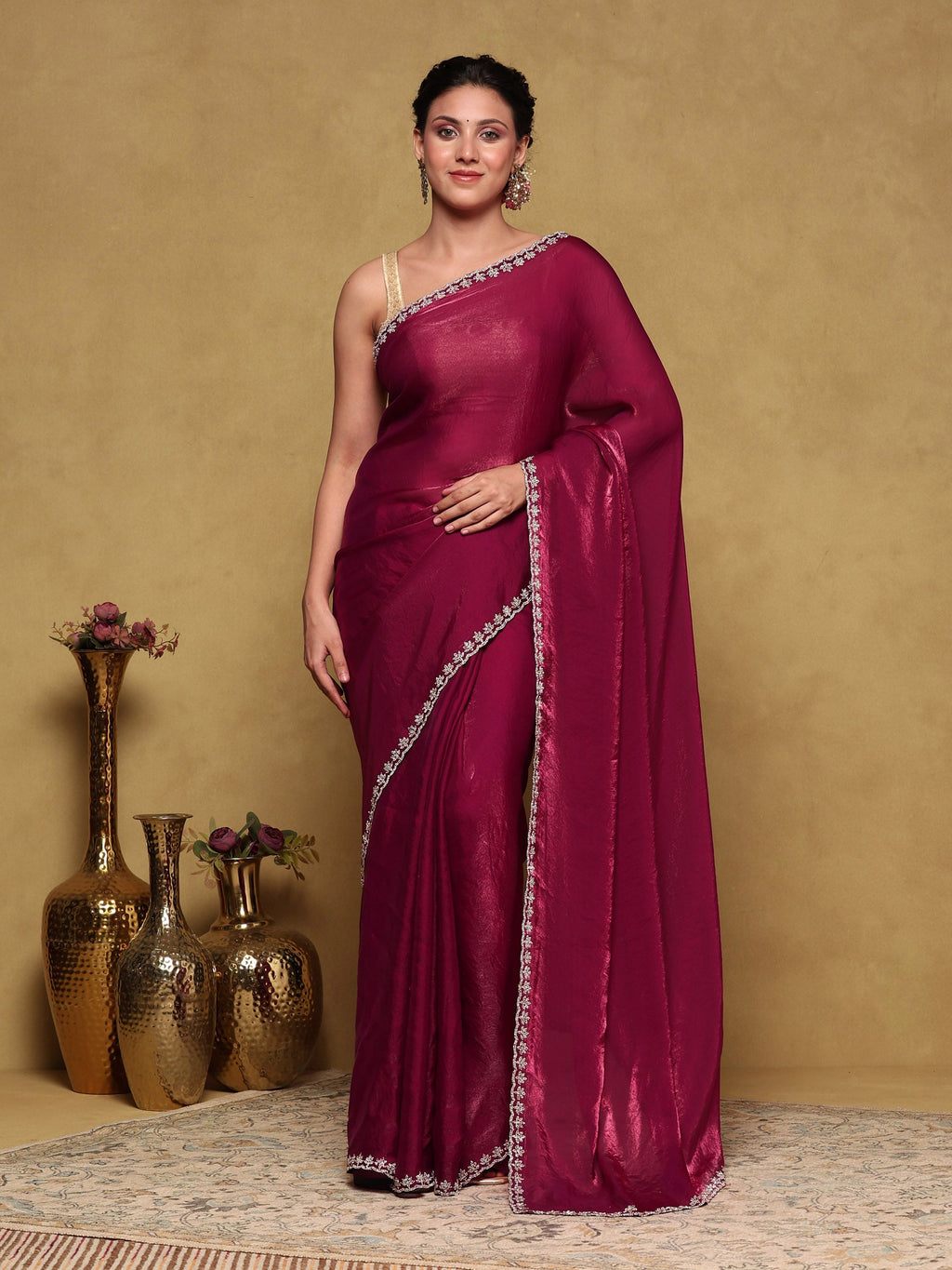 Wine Embroidered Tissue Saree