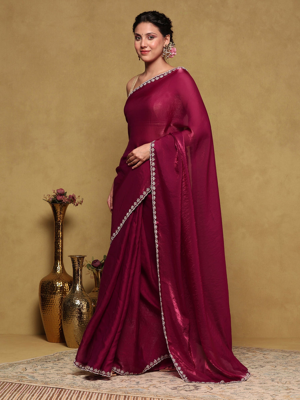 Wine Embroidered Tissue Saree