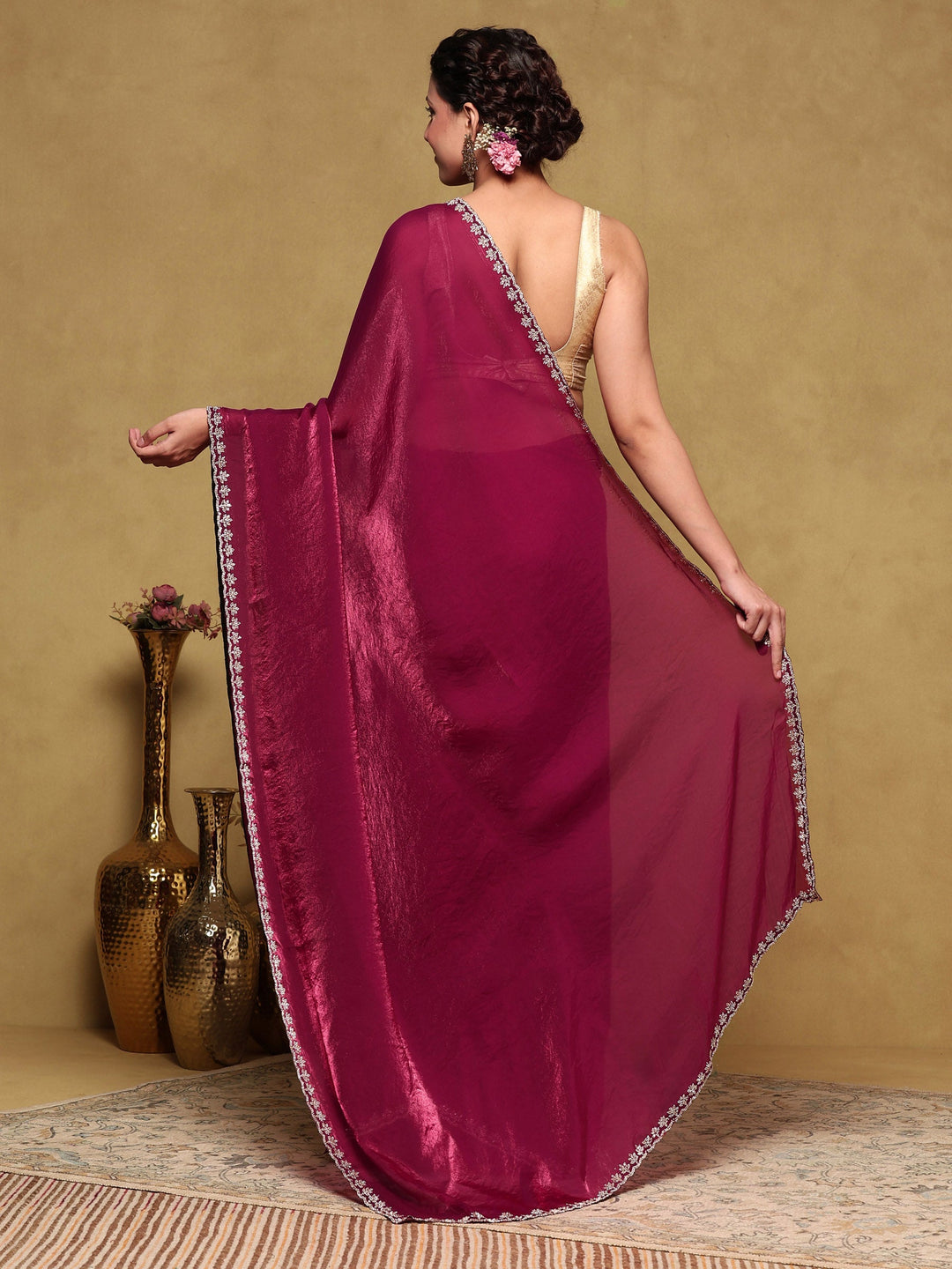 Wine Embroidered Tissue Saree