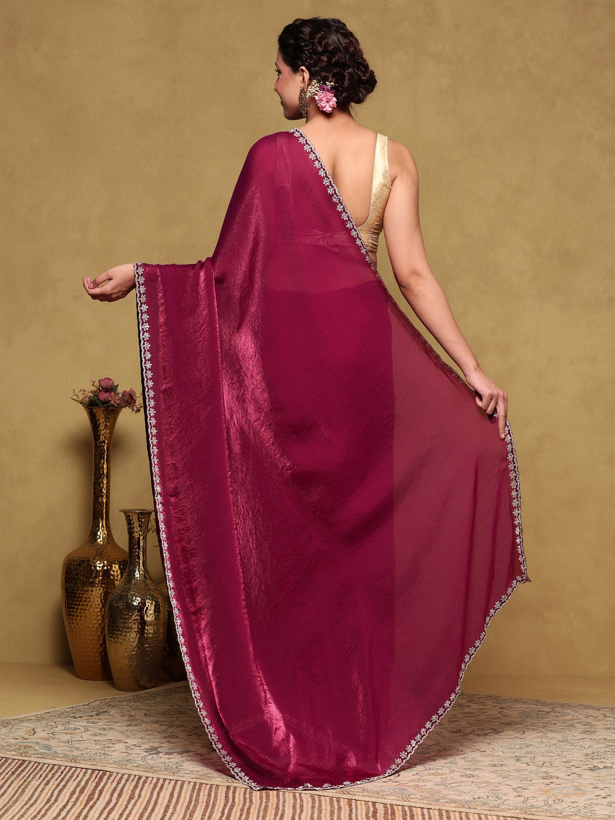 Wine Embroidered Tissue Saree