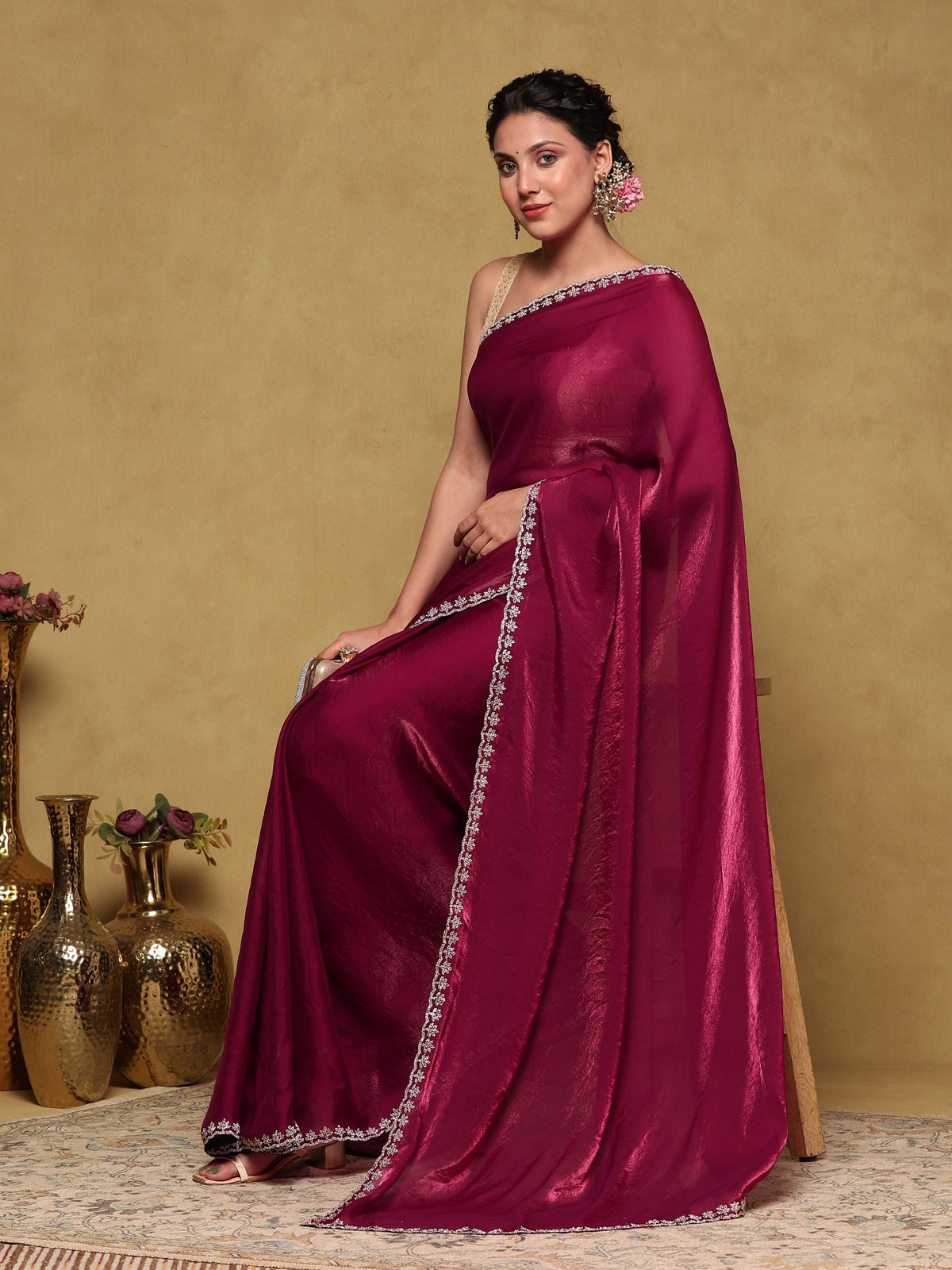 Wine Embroidered Tissue Saree