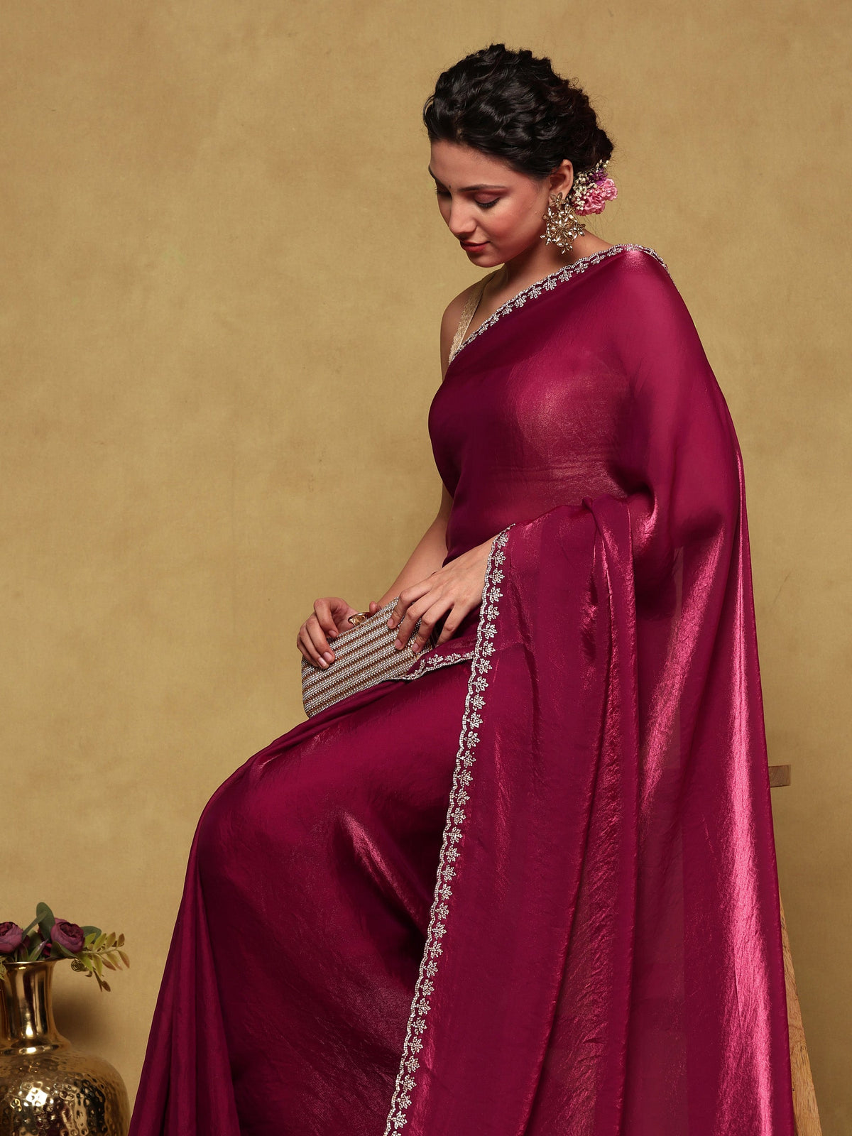 Wine Embroidered Tissue Saree