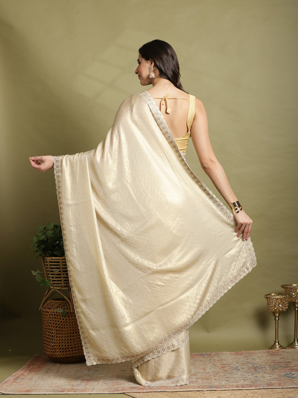 Beige Embroidered Tissue Saree