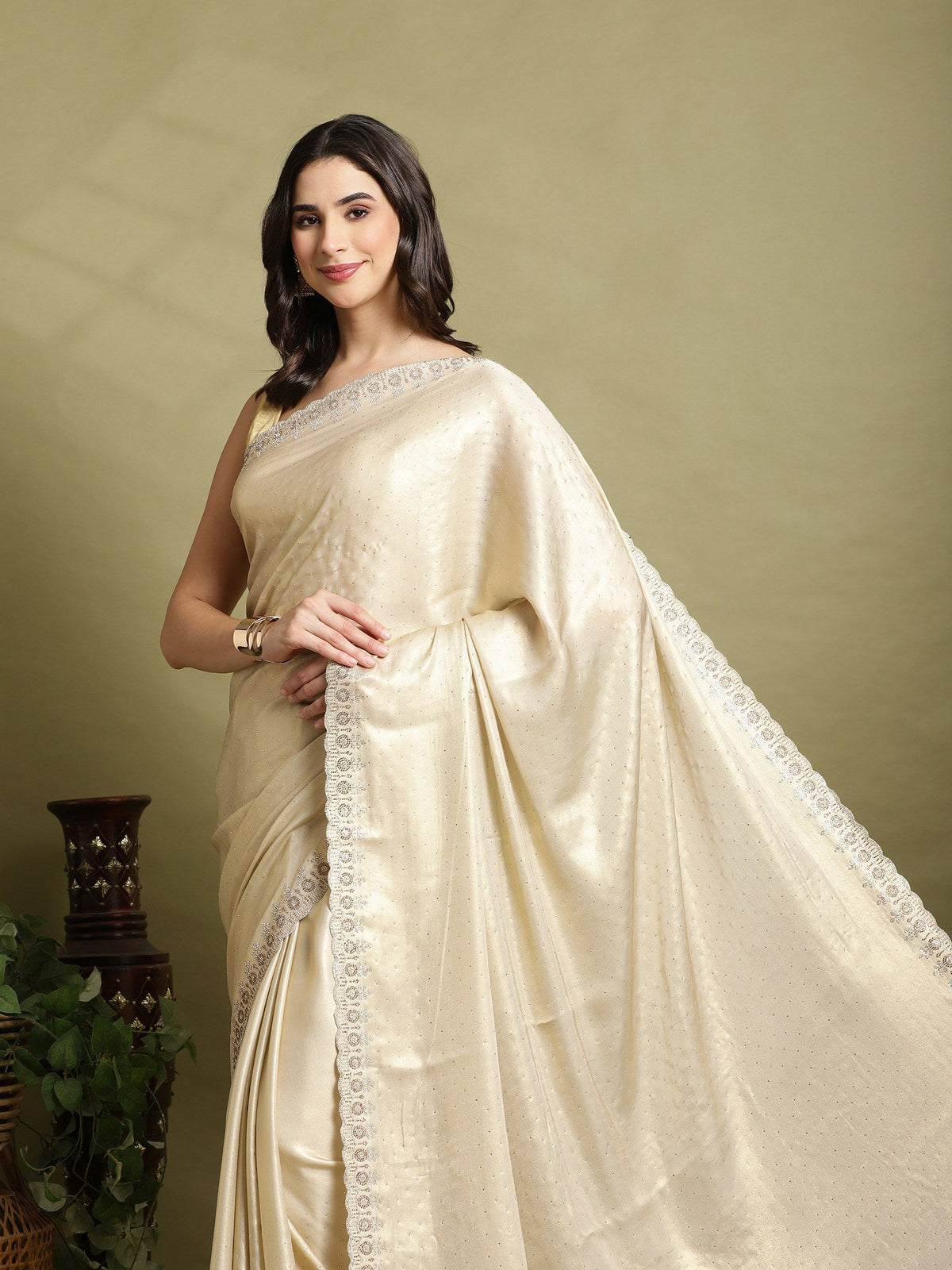 Beige Embroidered Tissue Saree