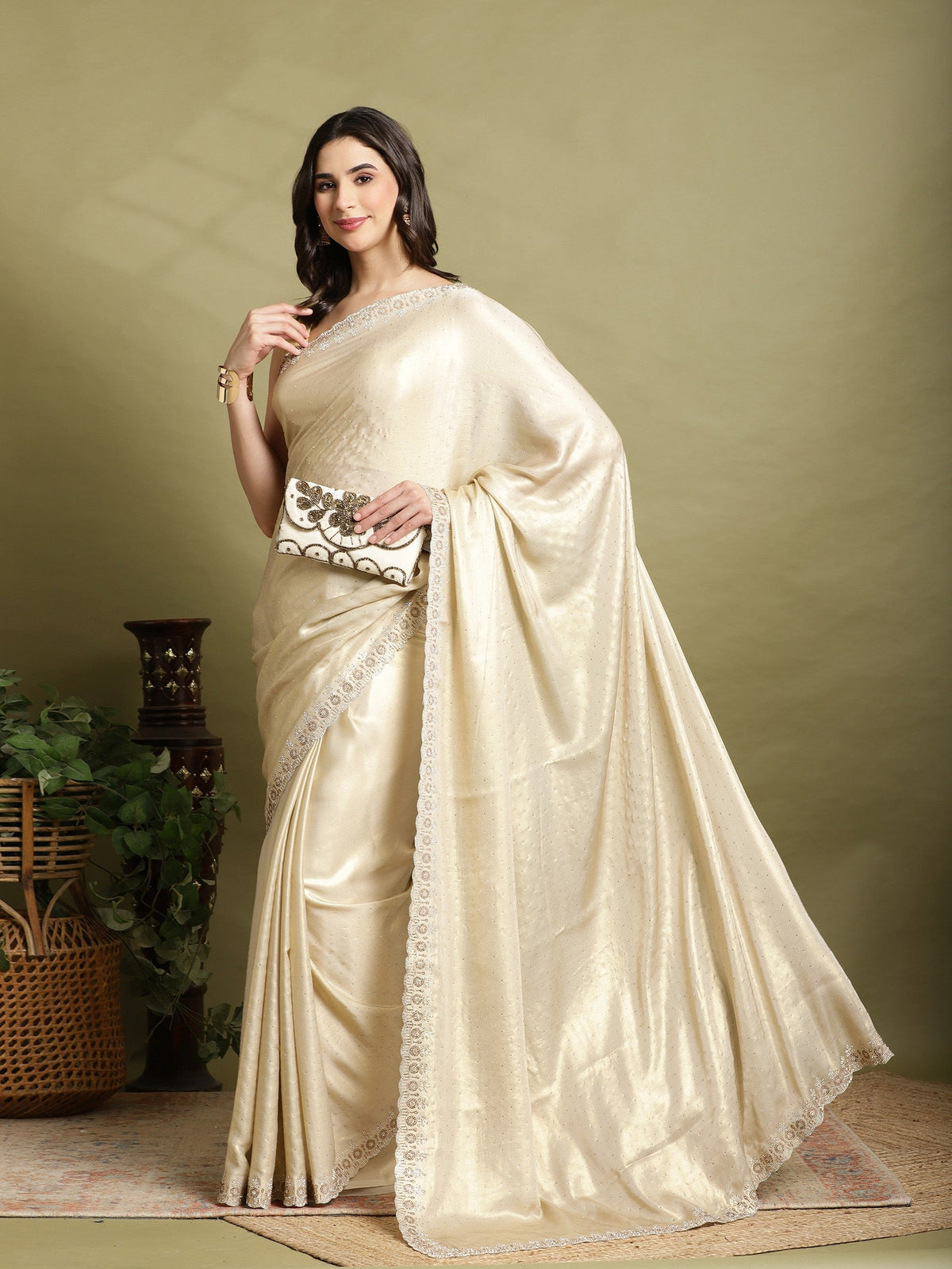 Beige Embroidered Tissue Saree