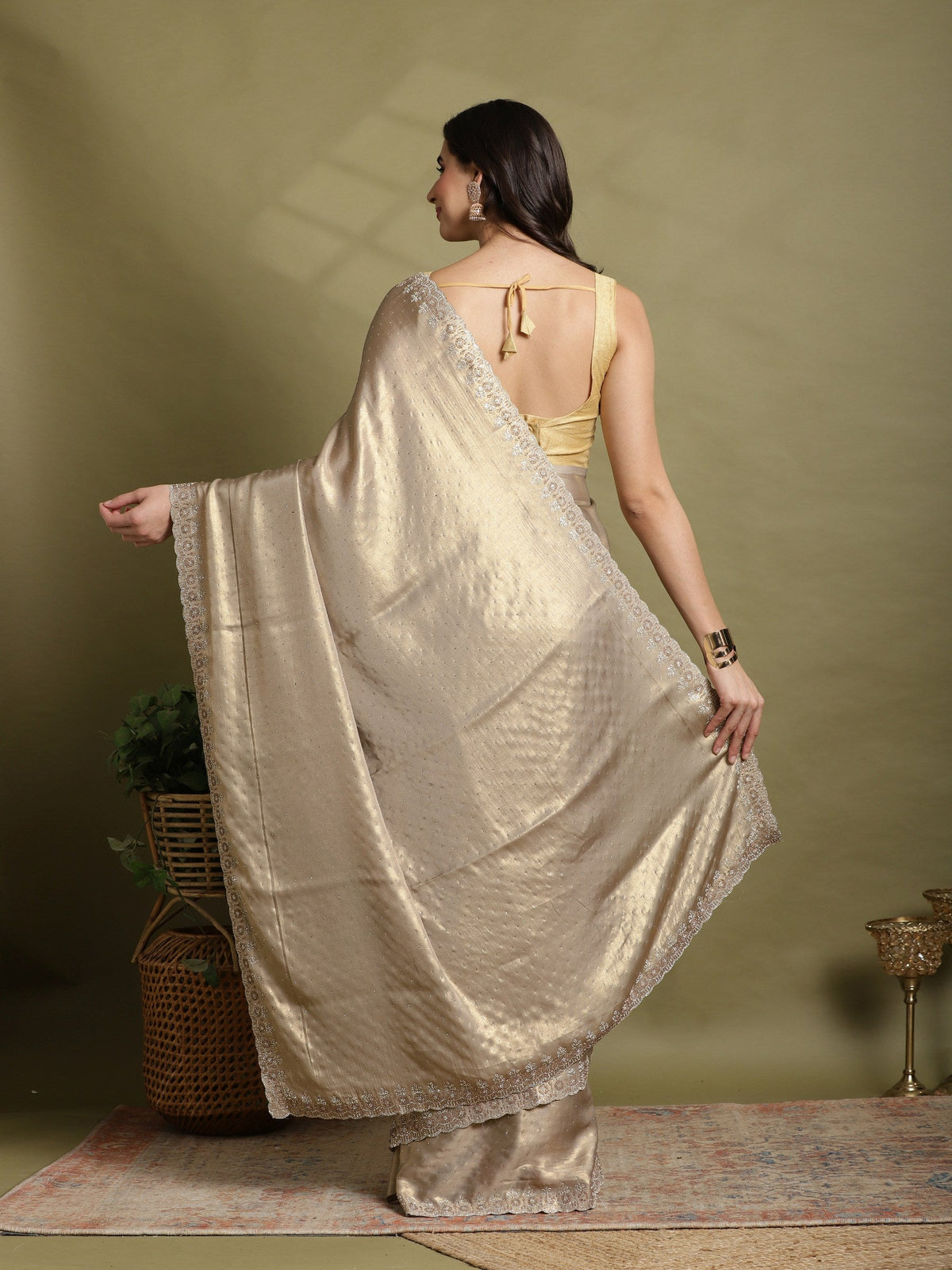 Grey Embroidered Tissue Saree