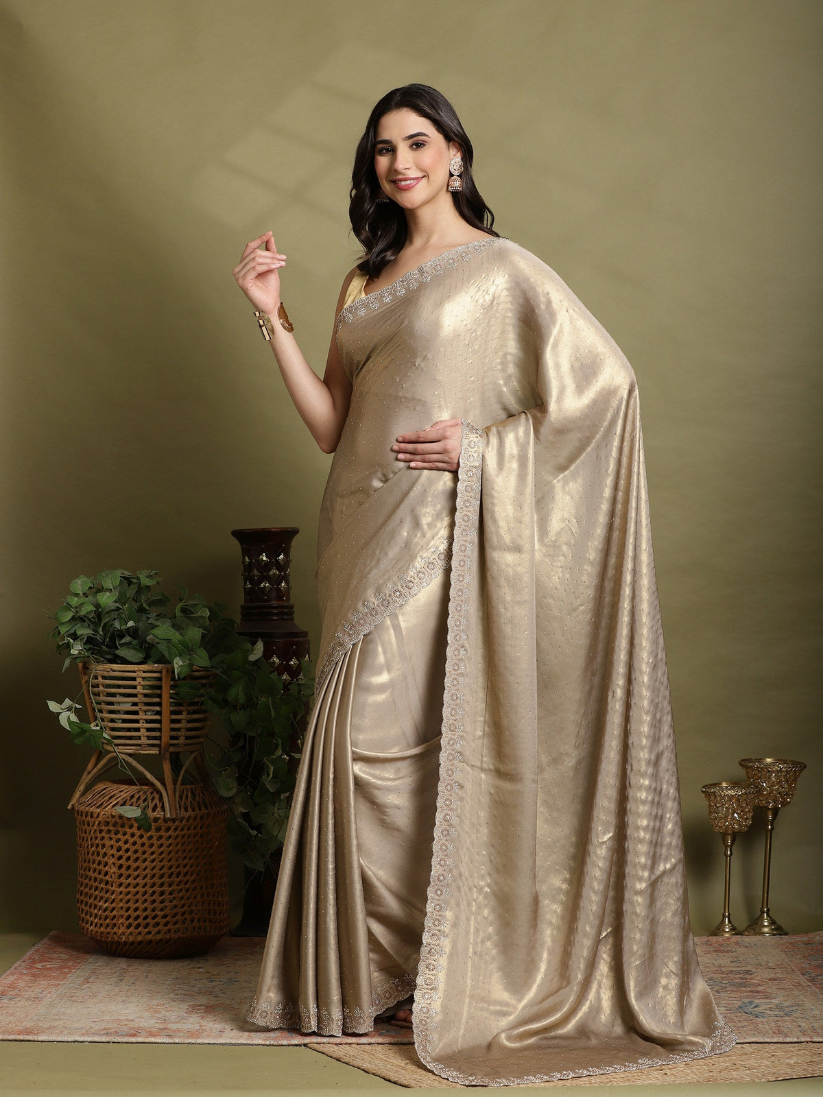 Grey Embroidered Tissue Saree