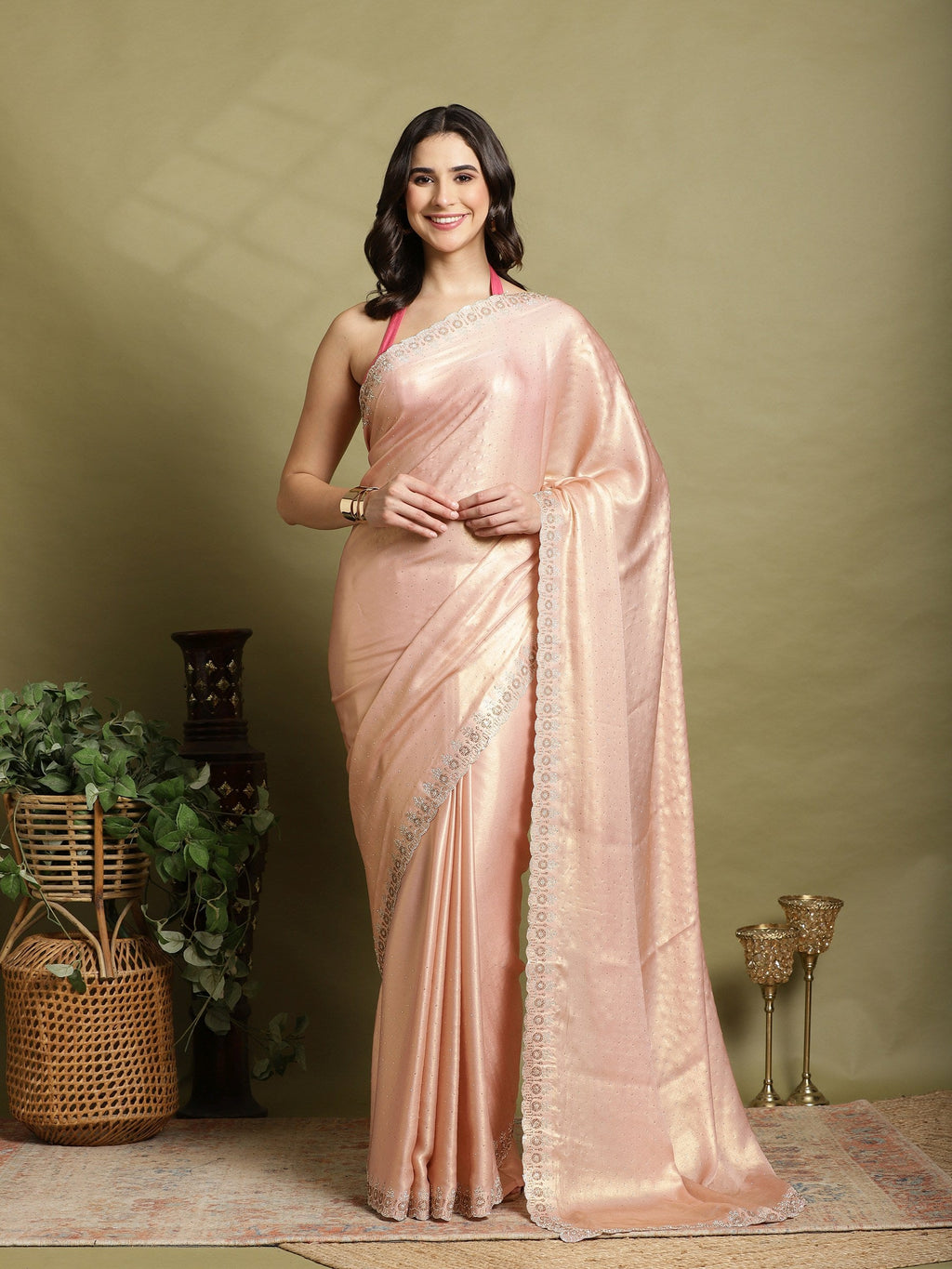 Peach Embroidered Tissue Saree