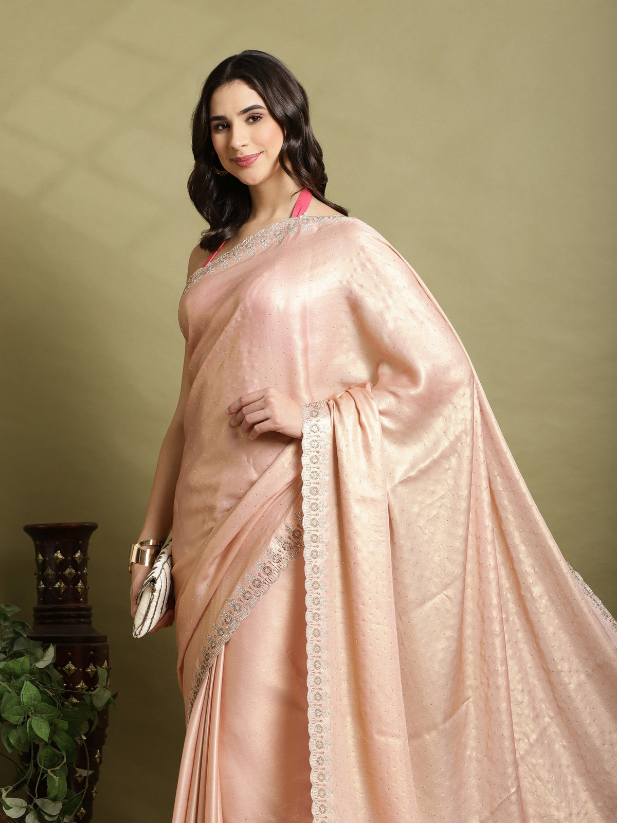 Peach Embroidered Tissue Saree