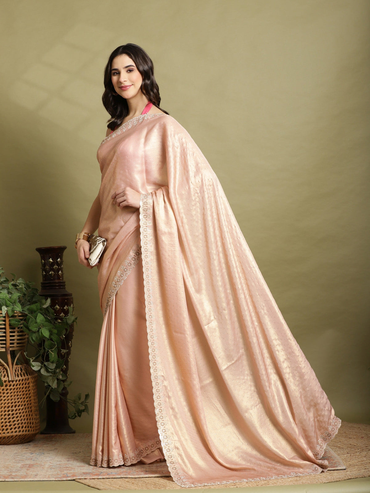 Peach Embroidered Tissue Saree