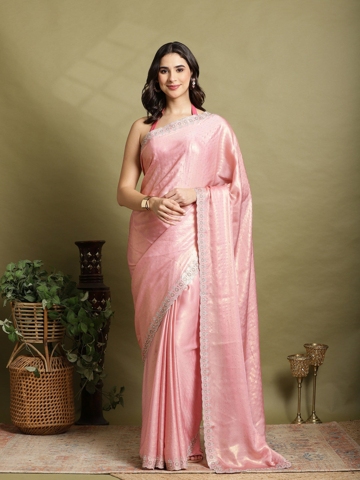 Pink Embroidered Tissue Saree